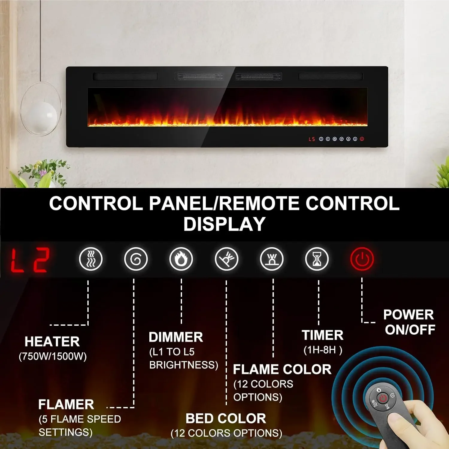 مدفأة كهربائية مثبتة على الحائط مقاس 72 بوصة مع جهاز تحكم عن بعد وشاشة Toucn