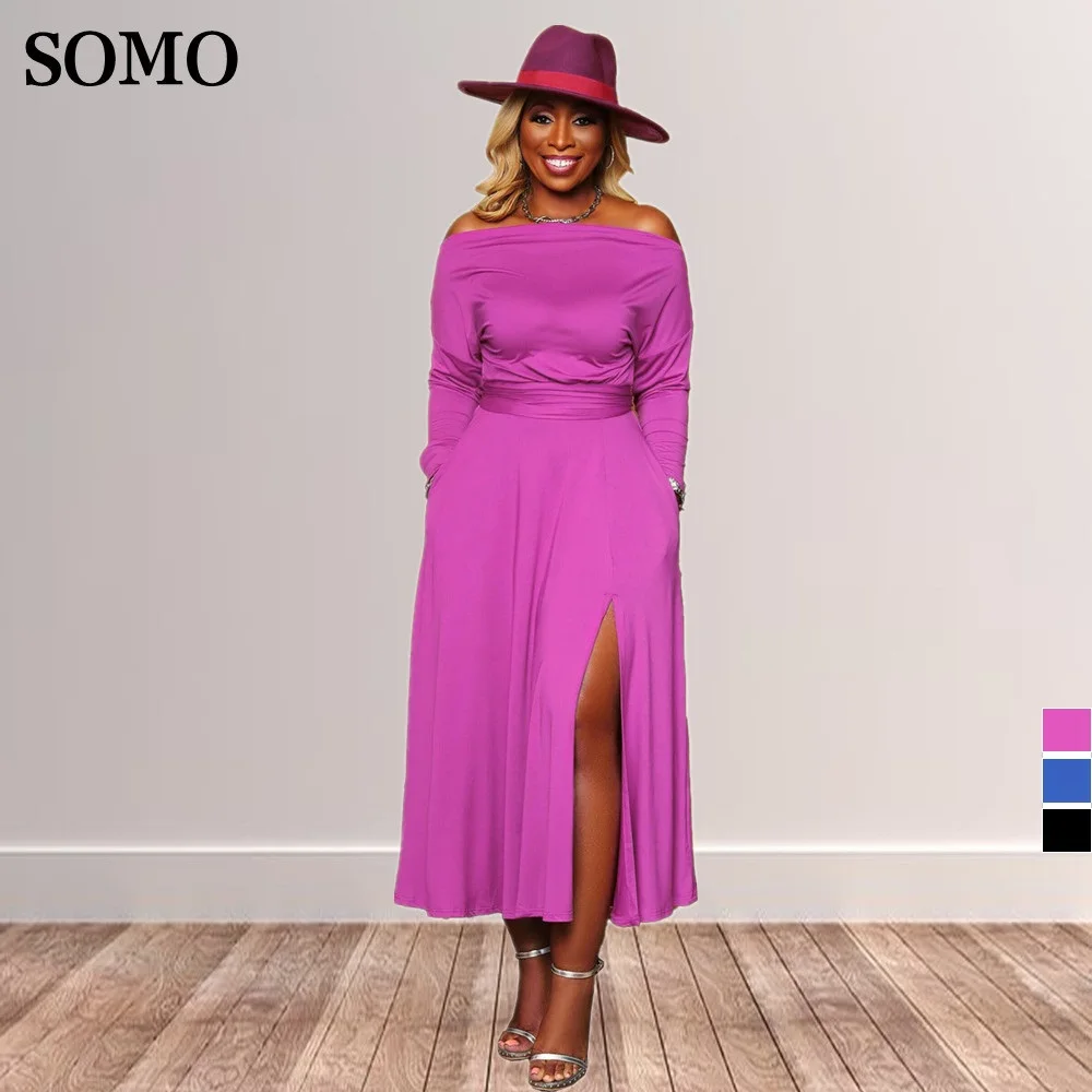 SOMO Solid Color Sexy Off Shoulder Split Slim Dress Women Plus Size Clothing Bandage Maxi Long Dresses Wholesale Dropshipping