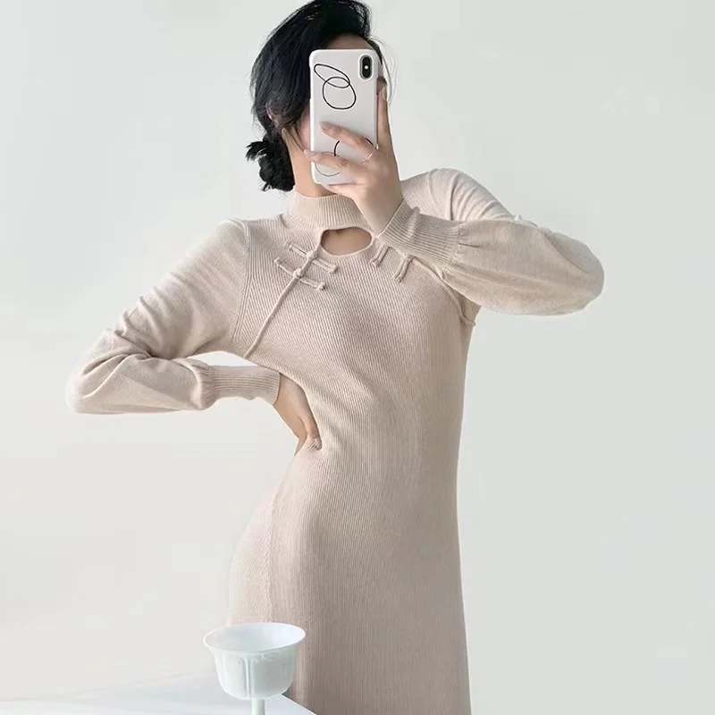 Women\'s Improved Cheongsam Midi Dress, Long Sleeve, Knitted Sweater, Vintage Clothing, Sexy, Autumn, Winter,