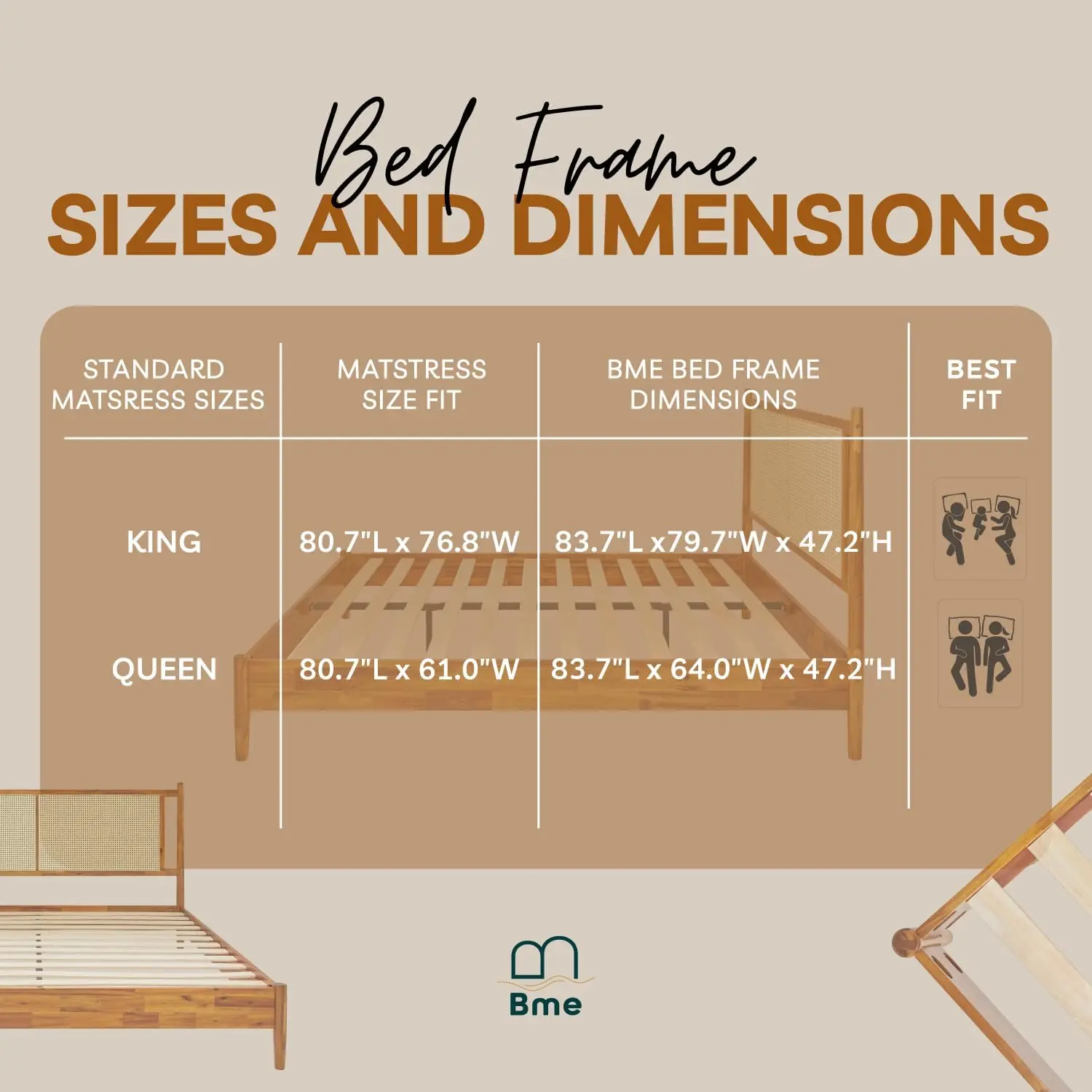 Oliver Headboard Queen Size Bed Frame - 15-Inch Signature Design with Rattan Headboard Bohemian and Mid Century Style 12-Slat Wo