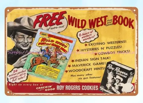 1951 ROY ROGERS COOKIES WILD WEST FUN GAME BOOK metal tin sign