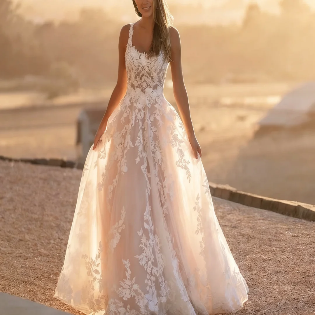 

Customized Elegant Wedding Dresses Square Collar Sleeveless A-LINE Appliques Formal Bride Porm Party Gowns