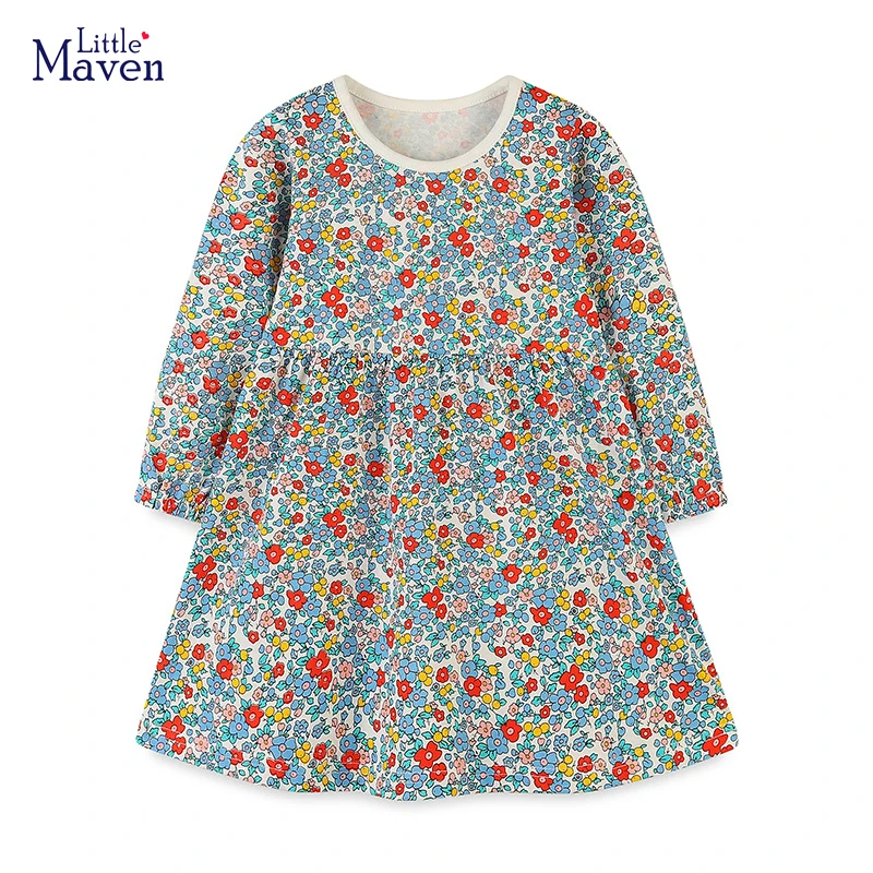 Little maven 2023 Baby Girls Clothes Cartoon Flowers Long Sleeves Dress Cotton Autumn Kids Costume Children\'s Clothing