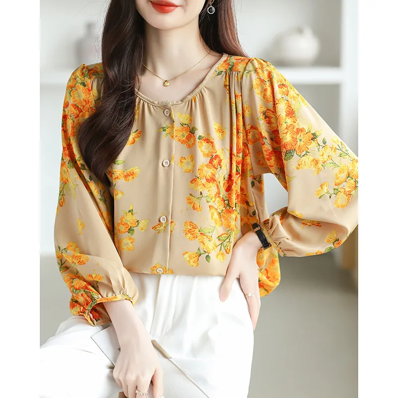 

Fashion Elegant Lantern Sleeve Blouse Shirt Casual Loose Long Sleeve Top Women's Vintage Floral Printed Pattern Clothes