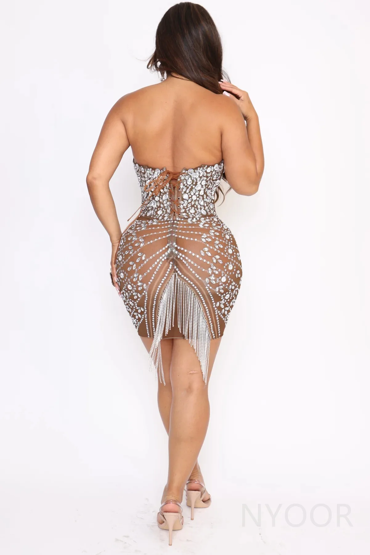 เซ็กซี่Backless Tubeด้านบนเอวRhinestoneประกายชุดกระโปรงสั้นสะโพกจัดเลี้ยงนักร้องรุ่นVestidos Para Grad