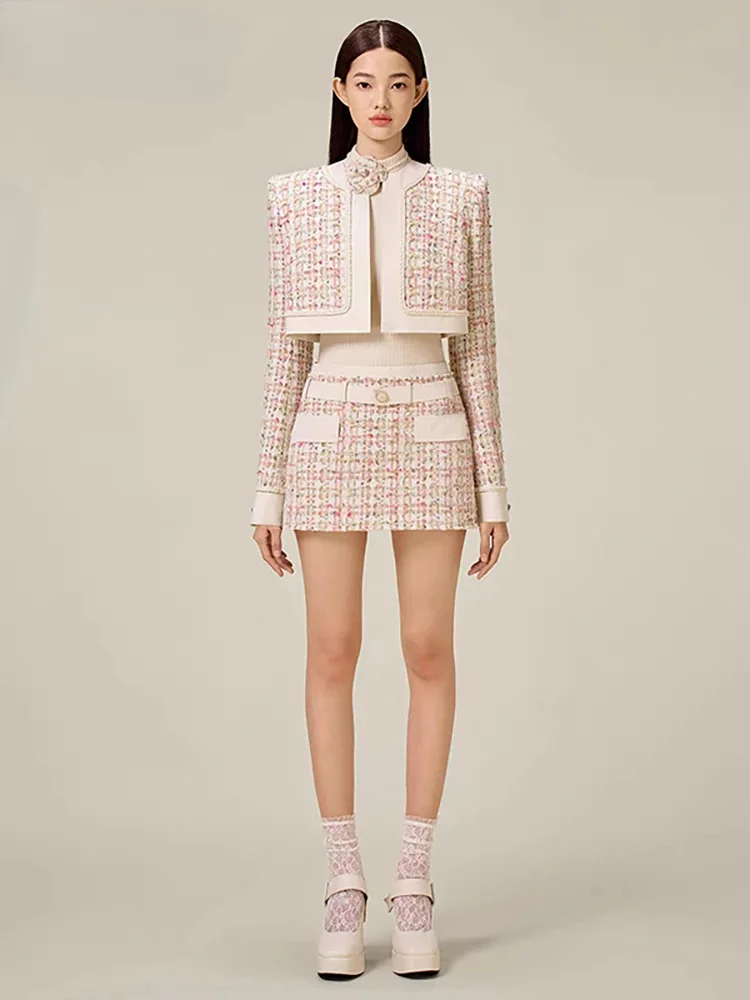 

Autumn 2024 New Women's Fashion: Shoulder Pad Long Sleeve Tweed Short Coat & Sexy High Waist Mini Contrast Color Skirt Suit