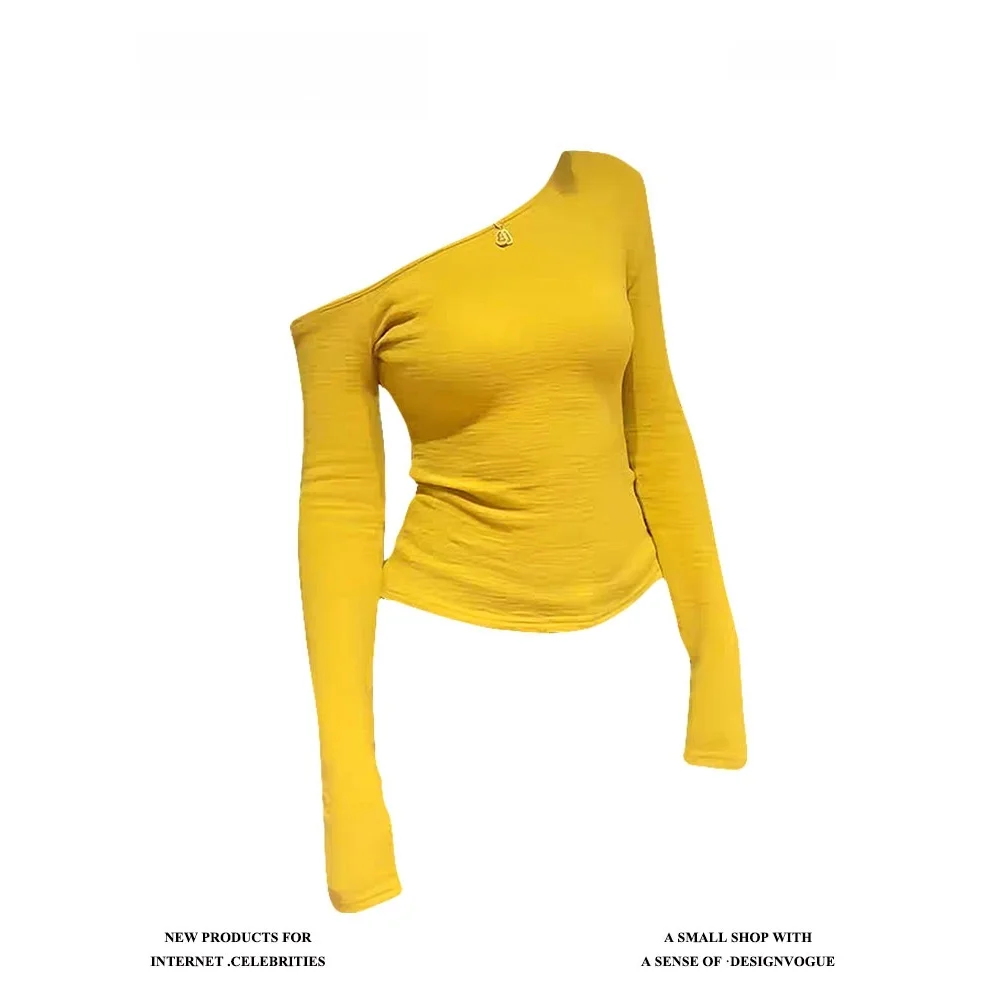 

Женская желтая футболка с длинным рукавом и открытыми плечами в американском стиле, облегающая, с модным дизайном для коррекции фигуры, весенняя коллекция
