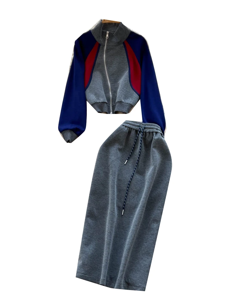 Casual Autumn Outfit Women's Faion Stand Collar Zipper Long Sve Color Blo Sweatirt Jaet High Waist  Skirt Set