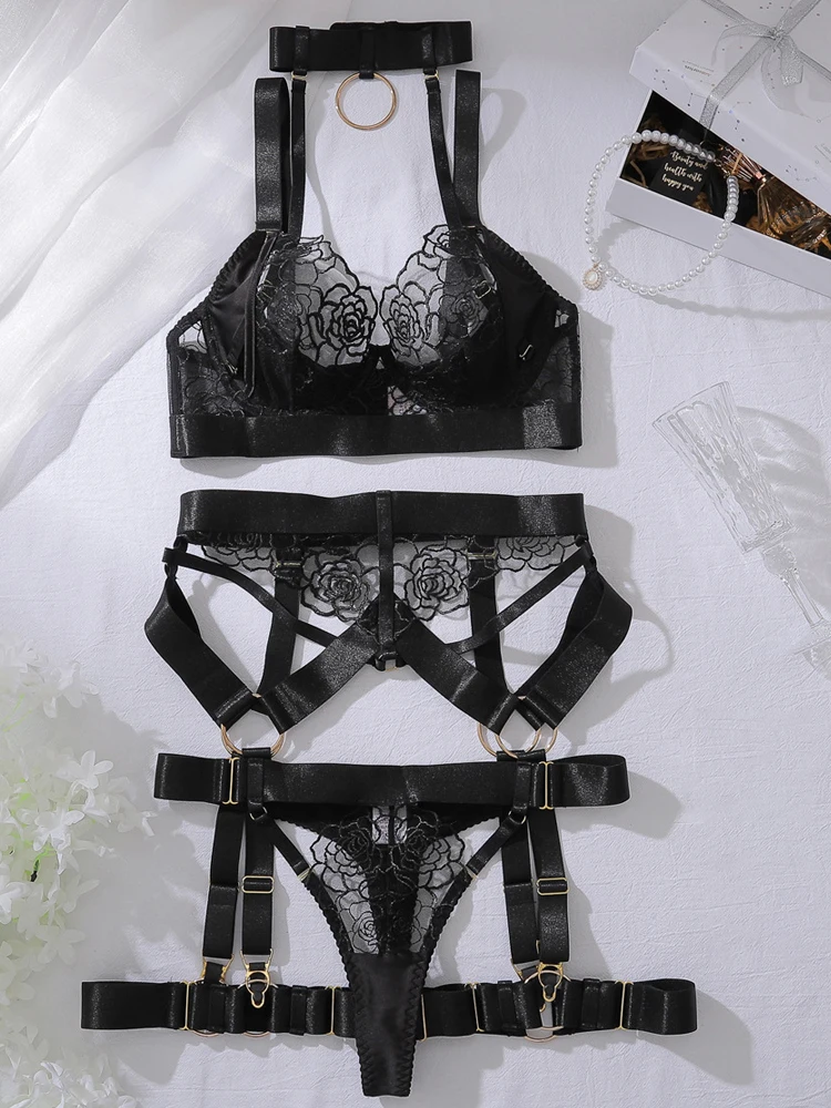 Belamimi Sexy Lingerie Suit Women Solid Color Mesh See-through Hollow Slim Fit Tempting Underwear 5-piece Set Garters Lingerie