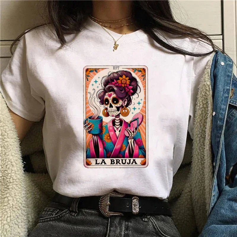 

La Bruja Short Sleeved T-Shirt Trendy Street Printed T-Shirt Fashion Cartoon Printed Pattern Basic Women's Round Neck T-Shirt To