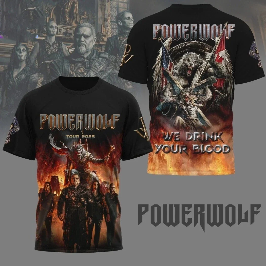 

Классические футболки Rock Powerwolf 2025 года, мужские футболки с 3D принтом для мужчин и женщин, трендовая футболка в стиле хип-хоп с коротким рукавом, свободный повседневный уличный топ большого размера