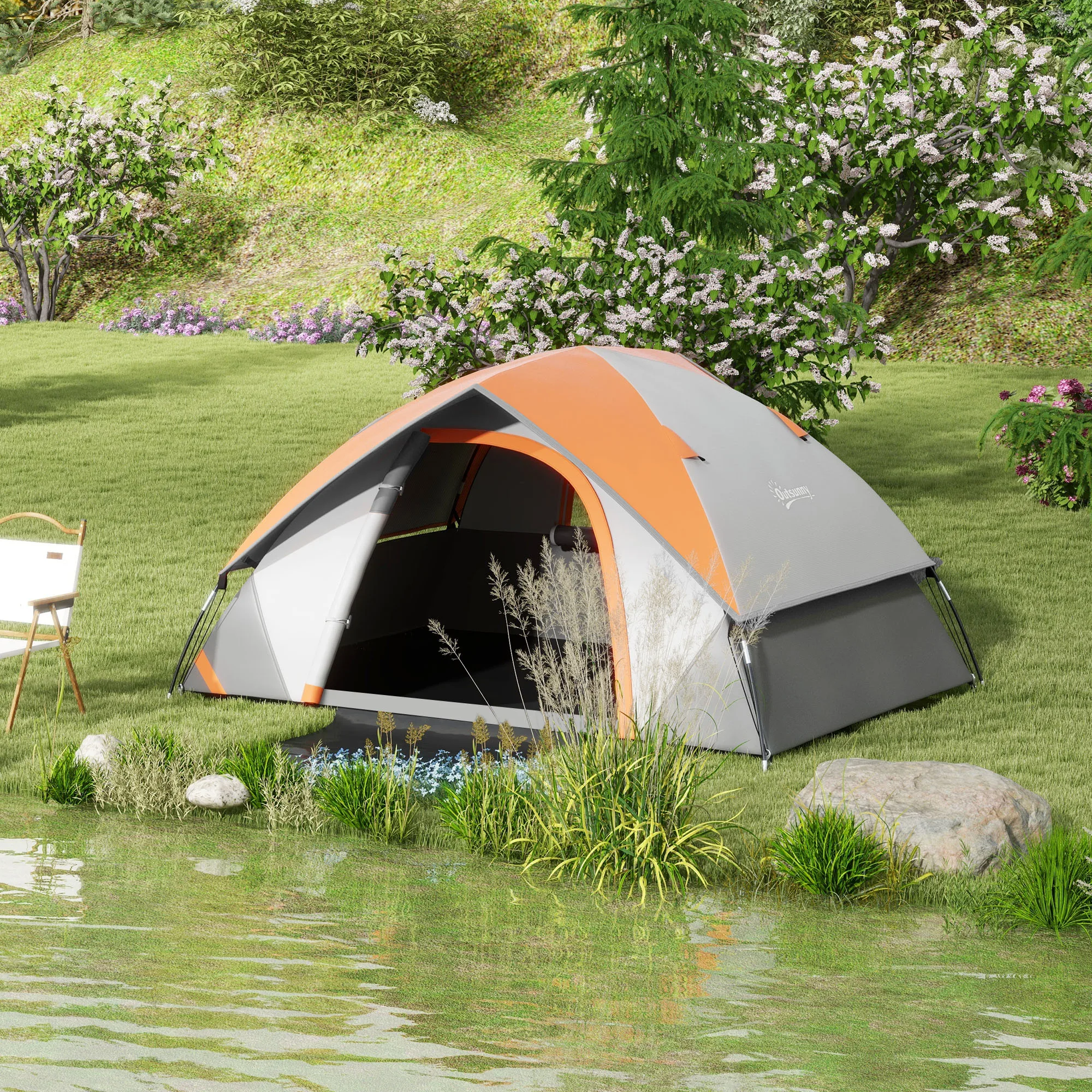 Outsunny Tienda de Campaña para 2 Personas Tienda de Camping Plegable Ligera Impermeable 3000 mm con Puerta Ventana Gancho y Bolsa de Transporte 210x150x110 cm Gris y Naranja