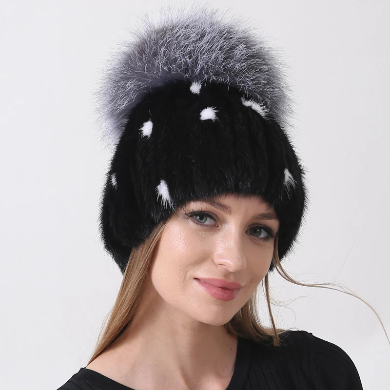 

Women's Mink Fox Fur Winter Hat Striped Knitted Beanie with Pompom, Warm Fashionable Trapper Cap for Cold Weather