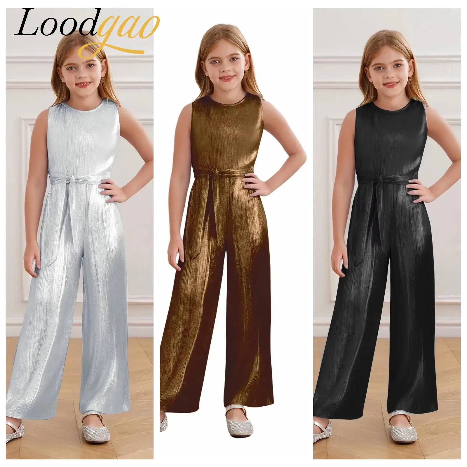 

Kids Metallic Romper Streetwear One Piece Jazz Dance Costume Rave Festive Pageant Sleeveless Wide-Leg Bodysuit Girl's Jumpsuit