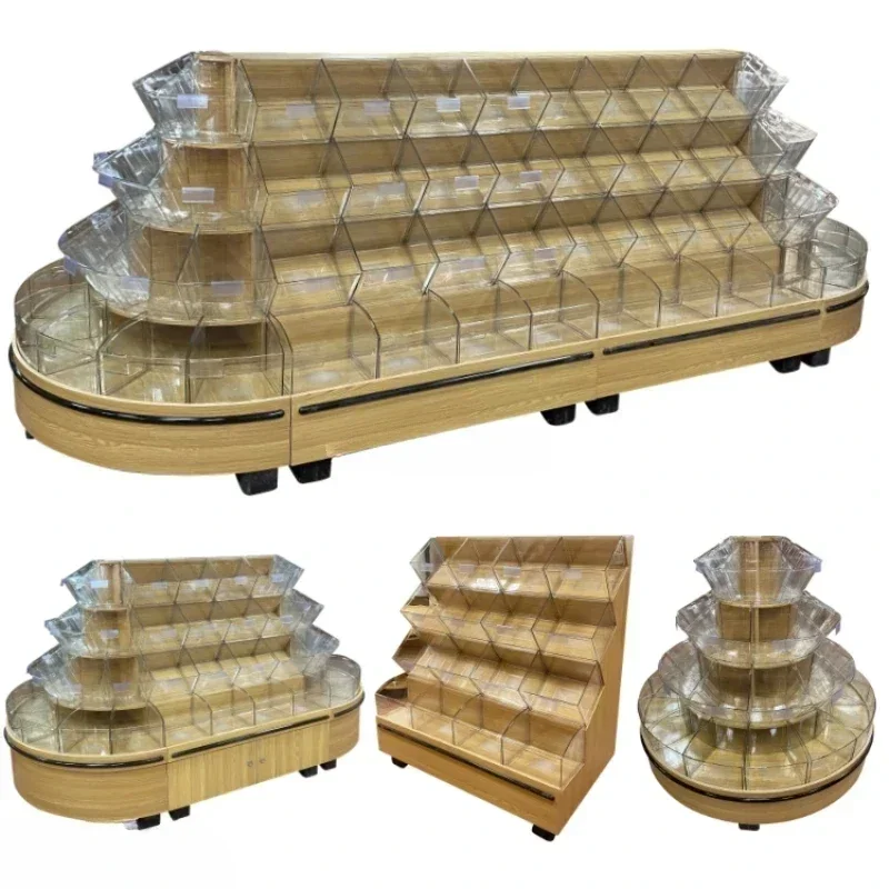 

Supermarket Wooden Four-Layer Scattered Snack Cabinet Bulk Leisure Food Shelf round Display Cabinet