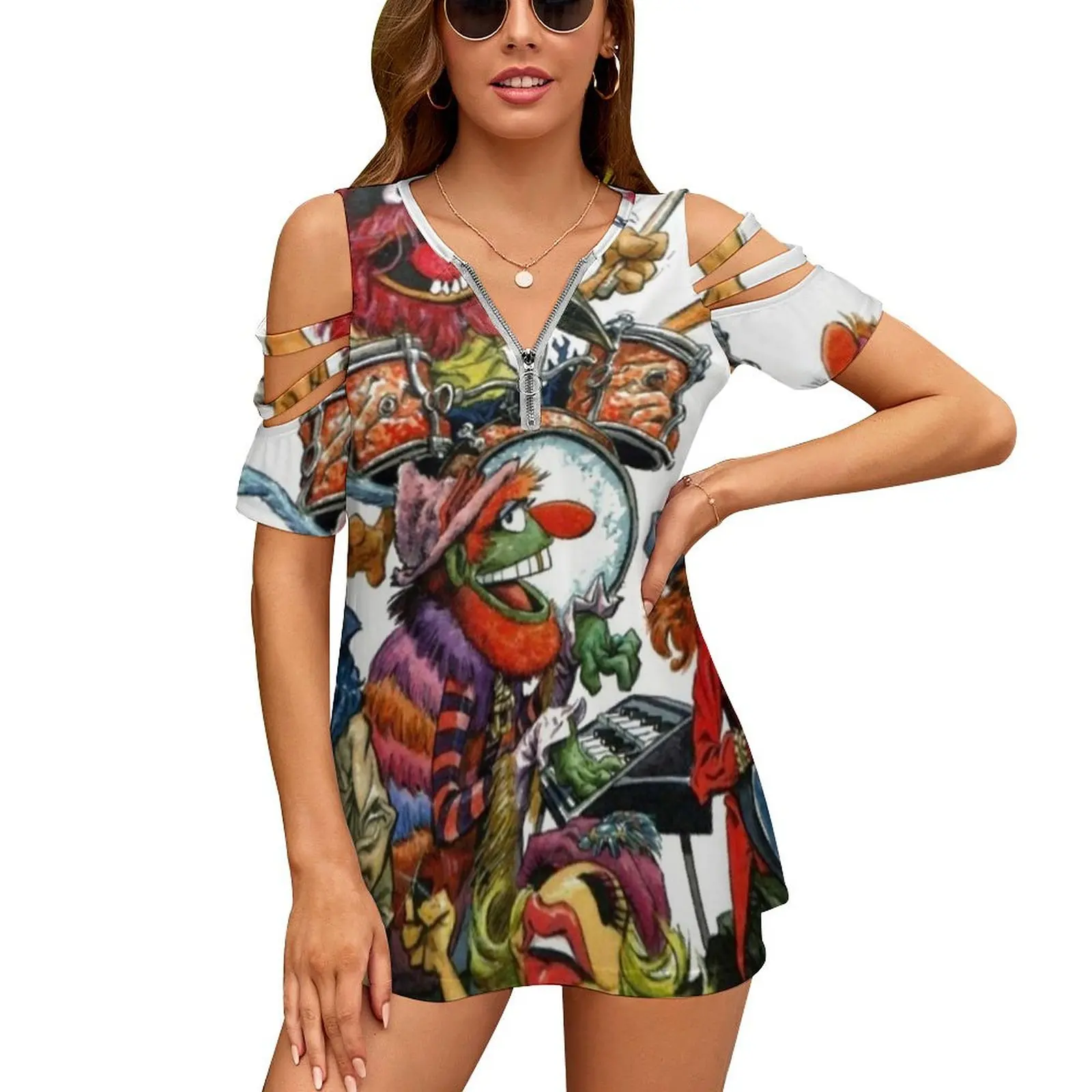 Animal Dr Teeth And The Electric Mayhem New Fashion Zip Off Shoulder Top Short-Sleeve Women Shirt Animal Drummer The S Show