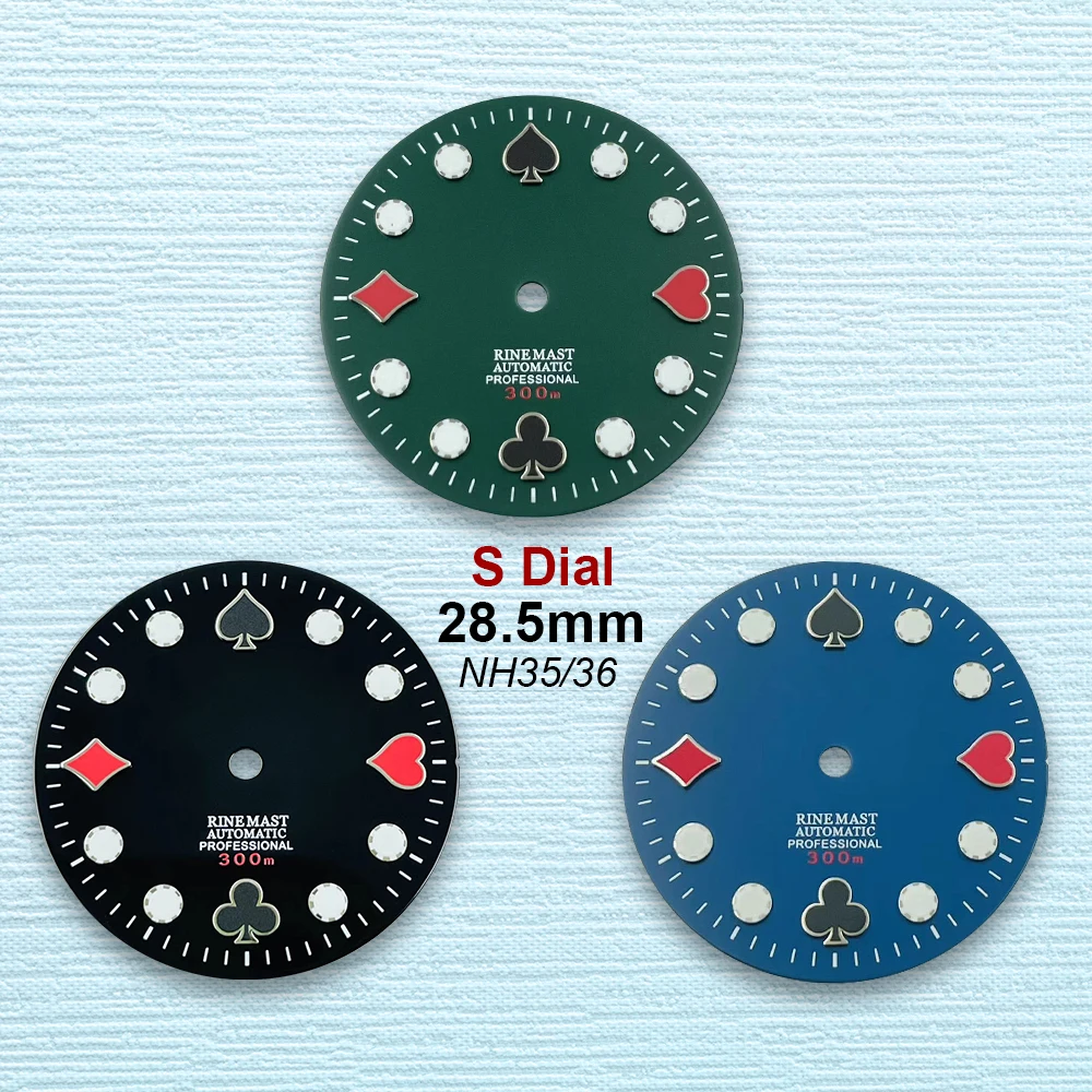

28.5mm S Logo Poker Dial Fit NH35/NH36/4R Japanese Movement Green Luminous Diving High-Quality Watch Modified Accessories