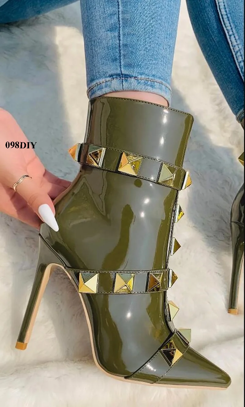 

Olivo Green Leather Gold Stud Straps Thin High Heel Ankle Boots Women Pull On Pointed Toes Rivet Short Bota