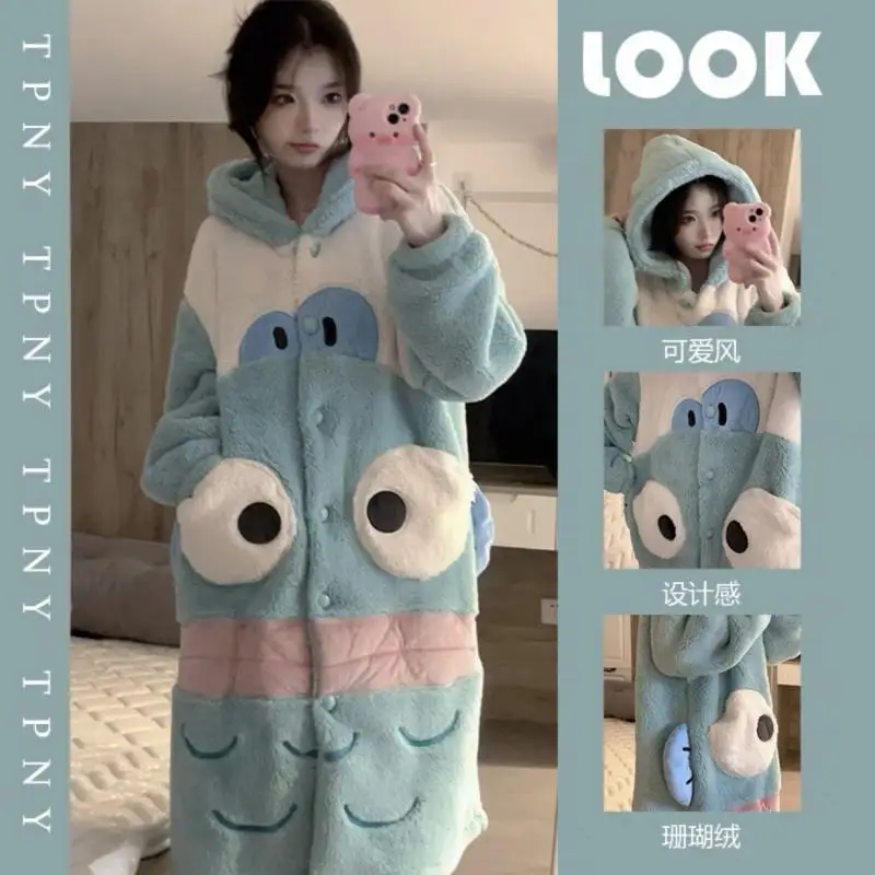 Anime Sanrios Velvet Thickened Coral Velvet Women's Pajamas Autumn Winter Hooded Home Clothes Warm Cartoon Hangyodon Nightgown