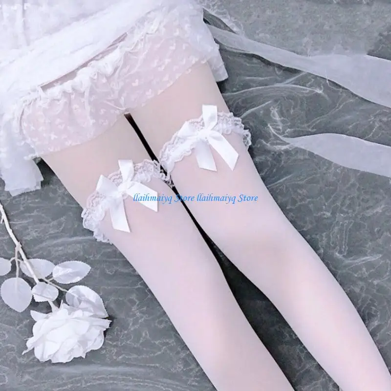

573B Women Sweet Ruffled Lace Top Thigh High Stockings Bow Sexy See-Through Silky Over The Knee Cosplay Long Socks