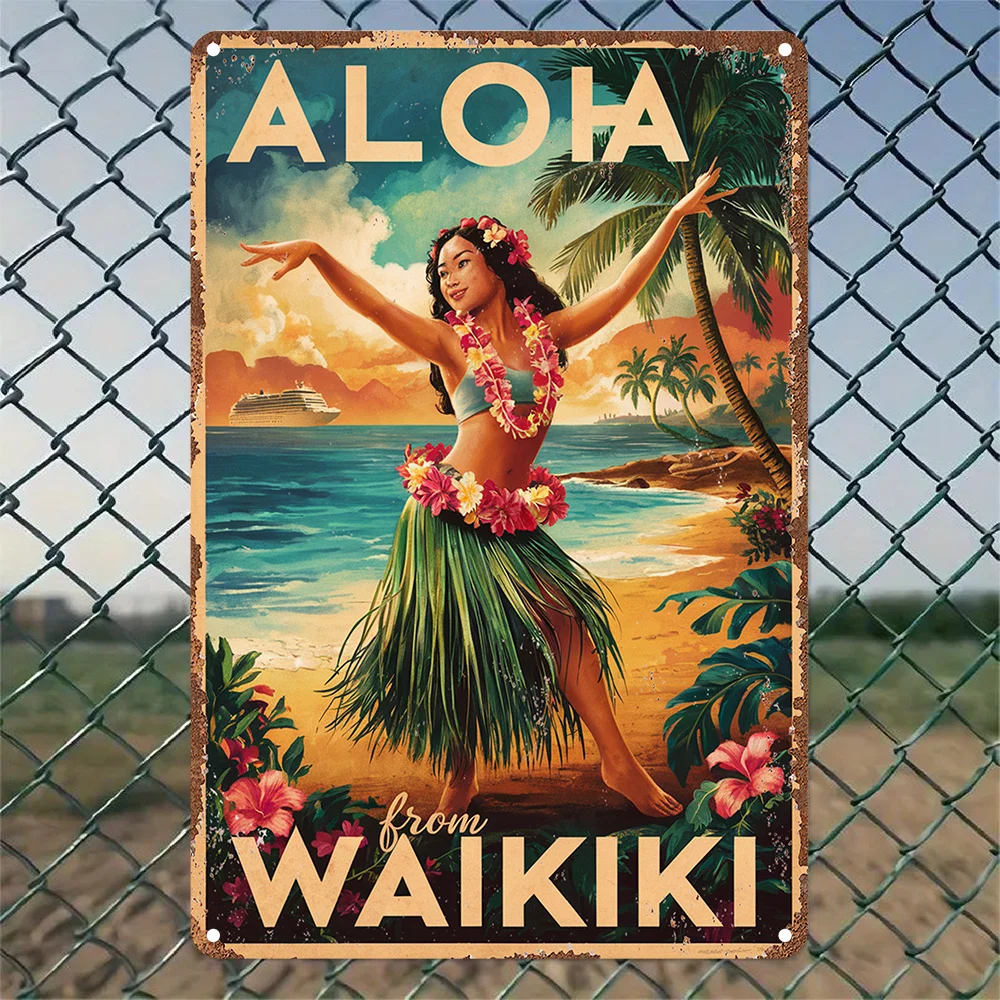 Aloha from Waikiki Vintage Metal Tin Sign, Aluminum Wall Art Decor for Garden, Bedroom, Garage, Christmas Decoration