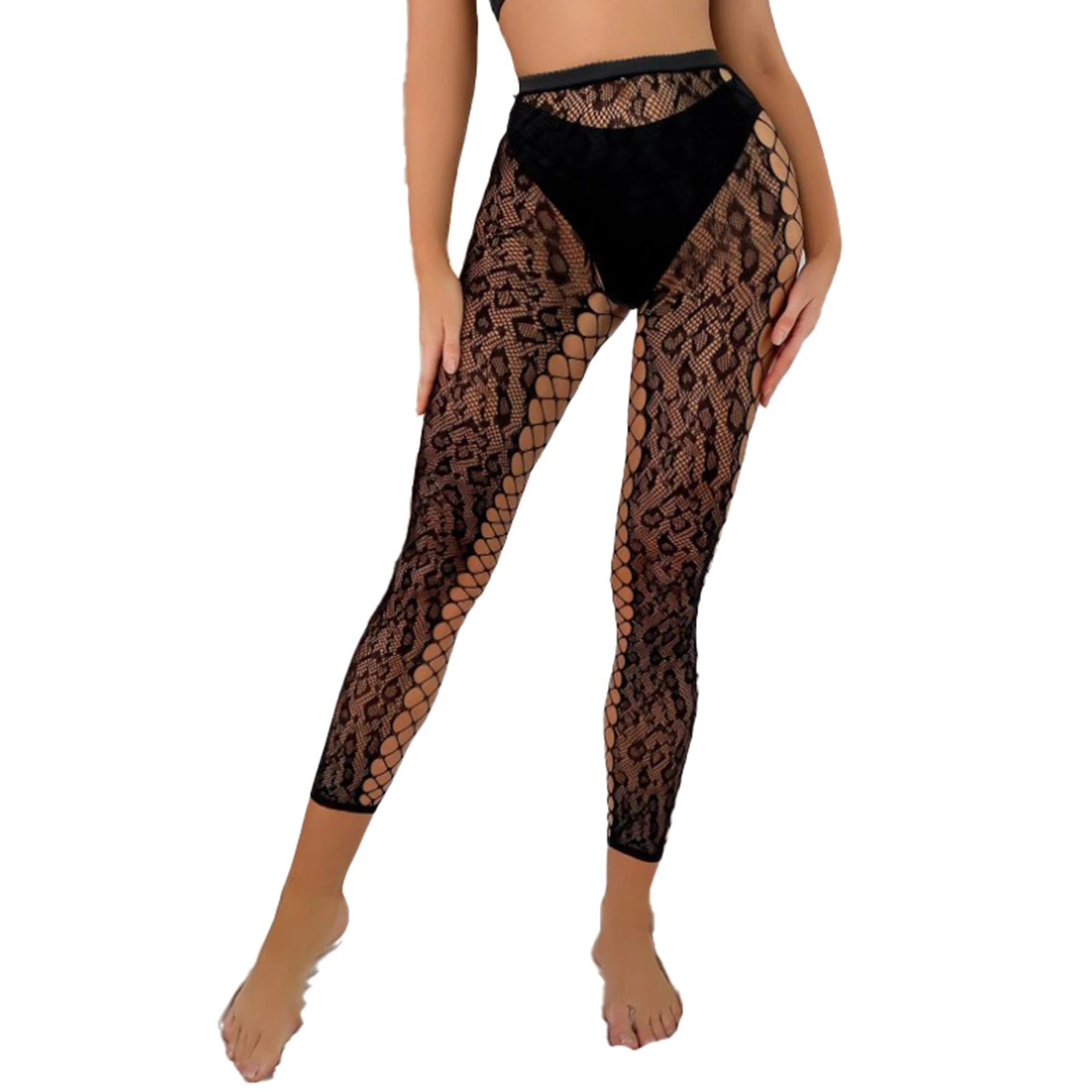 Womens Crotchless Fishnet Leggings Stockings High Waist Stretchy Pantyhose Hollow Out See-through Floral Lace Footless Tights