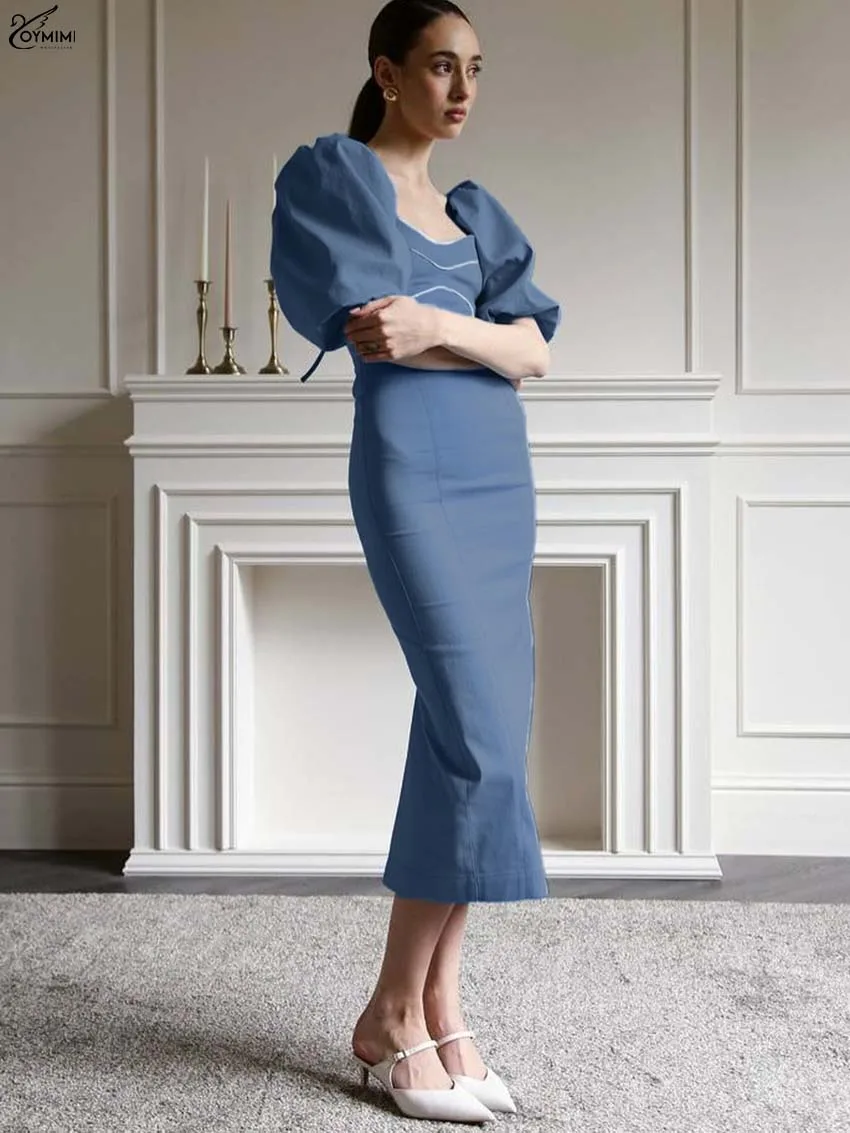 

Oymimi Casual Blue Denim Dresses 2025 Woman Fashion Square Neck Short Sleeve Zipper Dresses Elegant Slim Straight Mid-Calf Dress