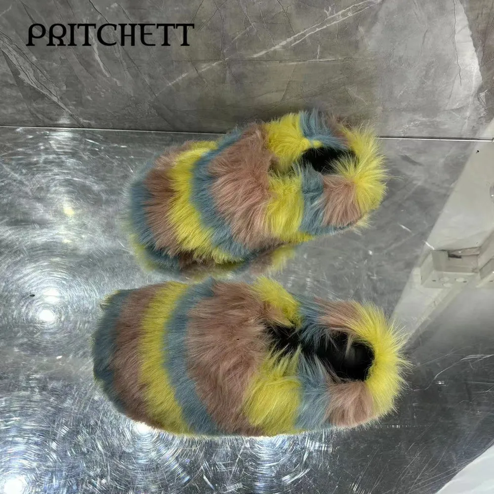 Colorful Fur Slippers with Round Toe and Hollow Back Warm and Comfortable Slippers Daily Casual Large Size Women's Shoes