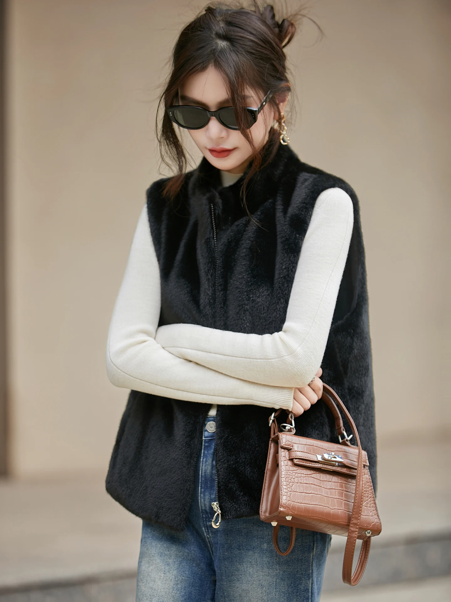 

Осенне-зимний норковый жилет с застежкой-молнией и воротником-стойкой, женский вязаный топ на бретелях, теплый жилет с подкладкой для мамы