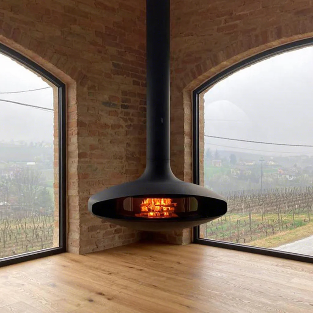 CRUISE Steel Float Indoor Round Wood Burning Glass Door Rotating Suspended Hanging Fireplace For Indoor Heating