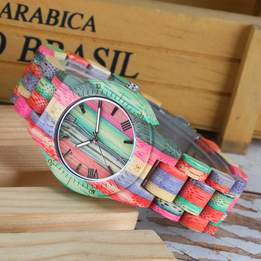 Reloj con números romanos para hombre y mujer, pulsera de madera de bambú colorida con movimiento de cuarzo, elegante y a la moda para pareja