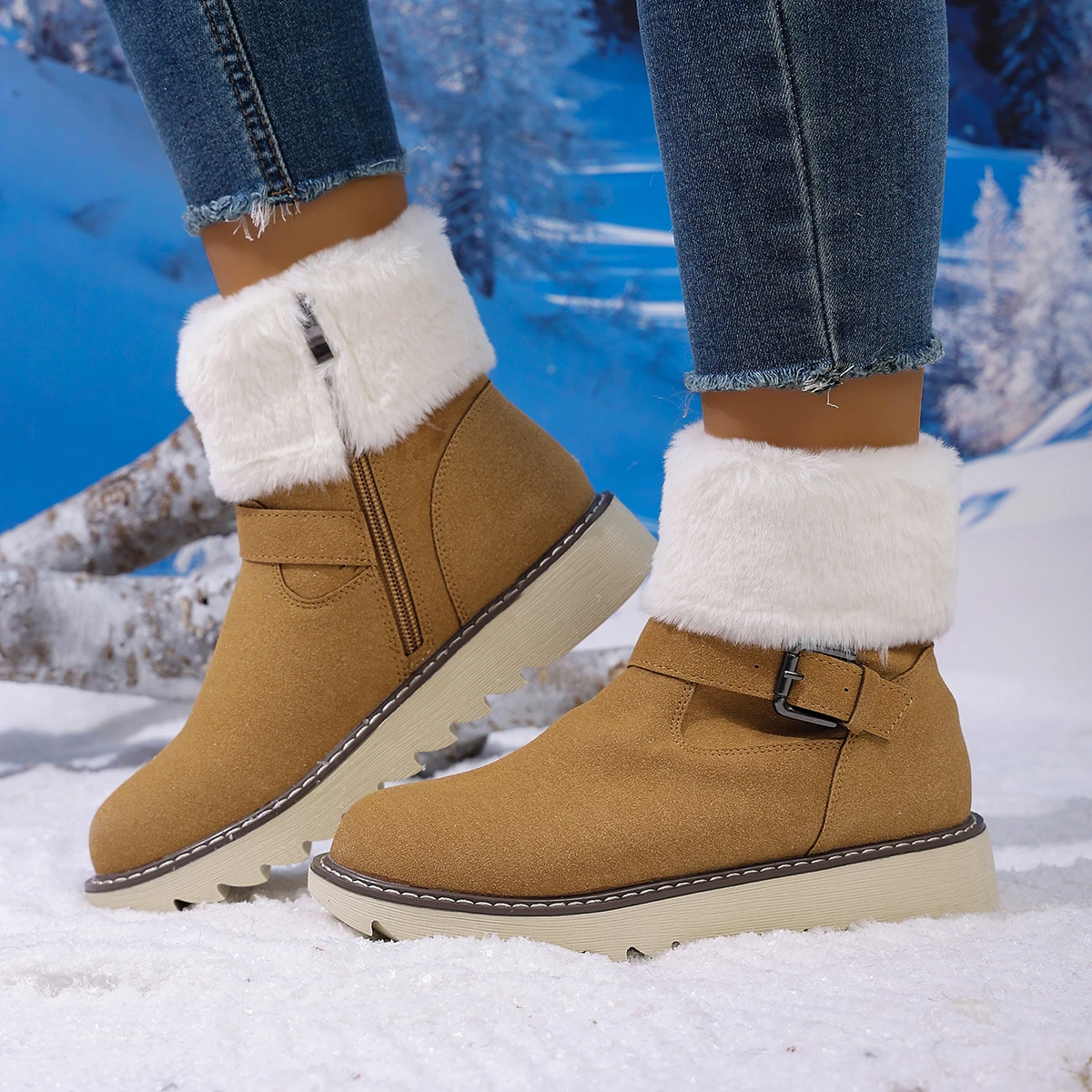 Women Ankle Boots Retro Warm Anti-slip Cotton Shoes Thick Heel Winter Trend Shoes Women Thickened Fluff Lined Snow Boots Women