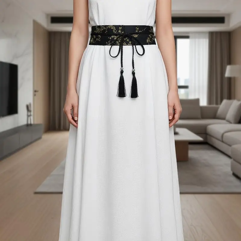Floral Embroidered Vintage Women Waistband Bow Tie Belt Classic Style for Dresses and Skirts