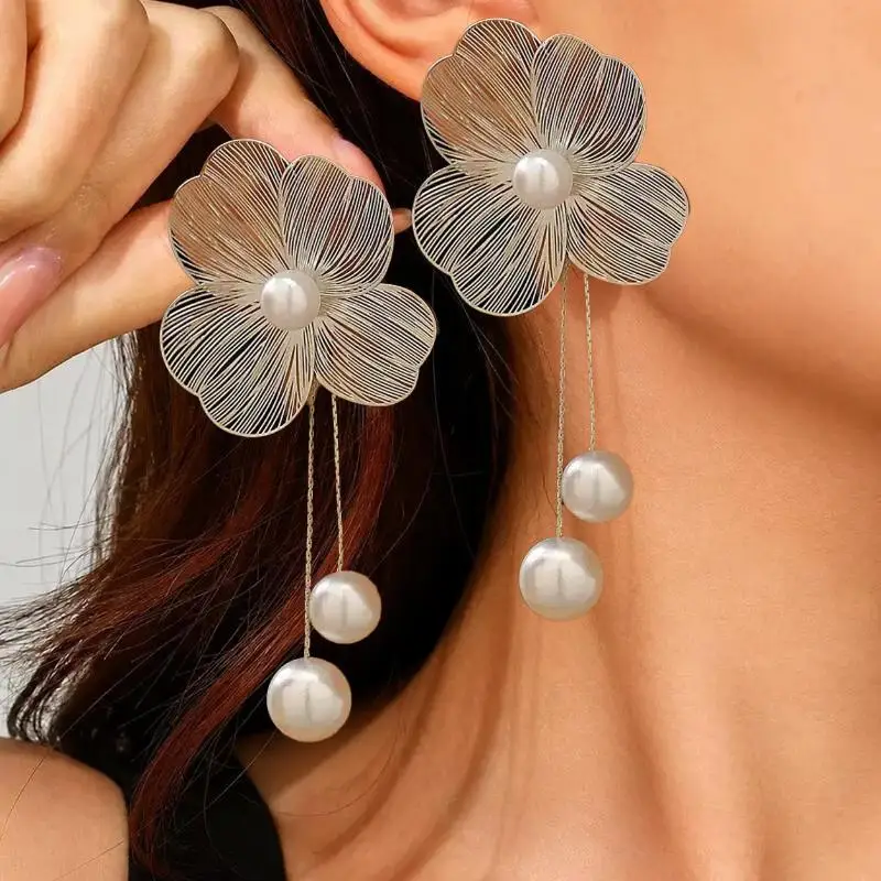 Gold Flower Drop Earrings  Gold Plated Hollow Woven Design Tarnish Resistant for Wedding Party Daily Use