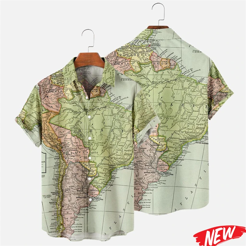 Camisas Retrô com Estampa 3D de Mapa para Homens e Mulheres, Camisa Havaiana da Moda com Gola Lapela e Manga Curta, Blusa Casual Oversized para o Dia 