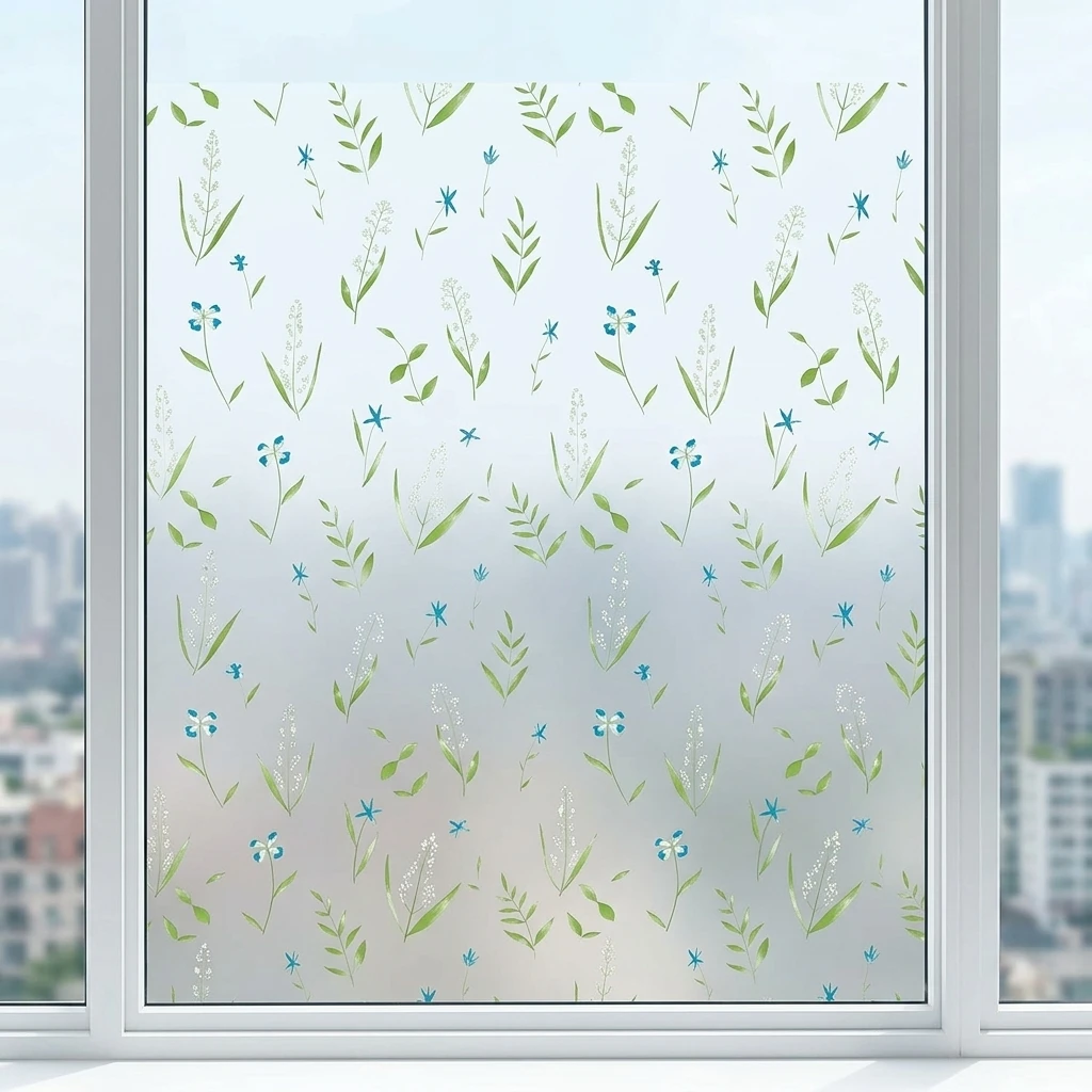 Fresh Botanical Floral Self-Stick Window Film UV Protection Light Filter for Bathroom Bedroom Decorative Glass Cover