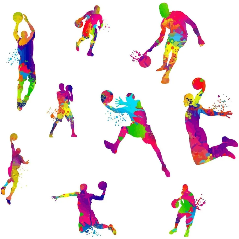 9PCS Basketball Player Dunk Wall Stickers Watercolor Sports Player Silhouette Decals Peel Stick Wall Decor Art Murals