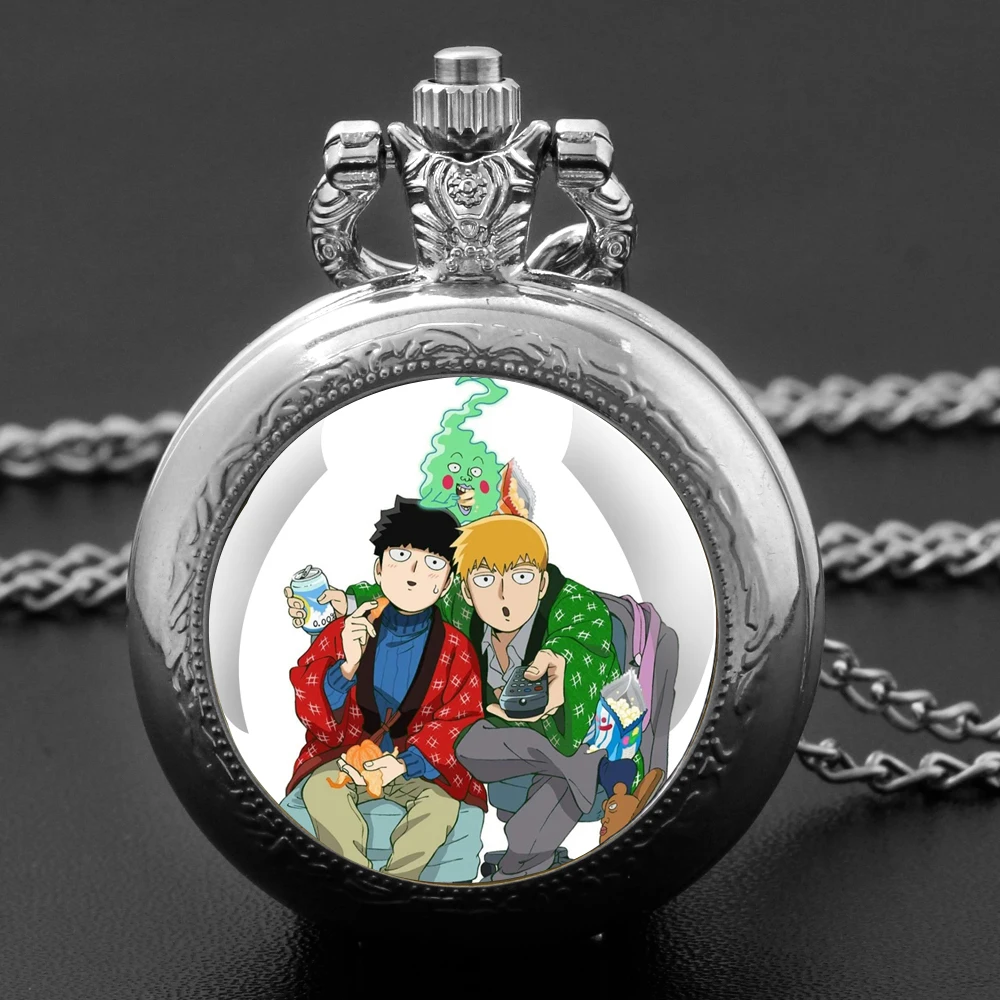 Mob Psycho 100 Design Glaskuppel Quarz Taschenuhr mit haltbarer Kette arabische Ziffer Zifferblatt für Männer und Frauen kreative Geschenke