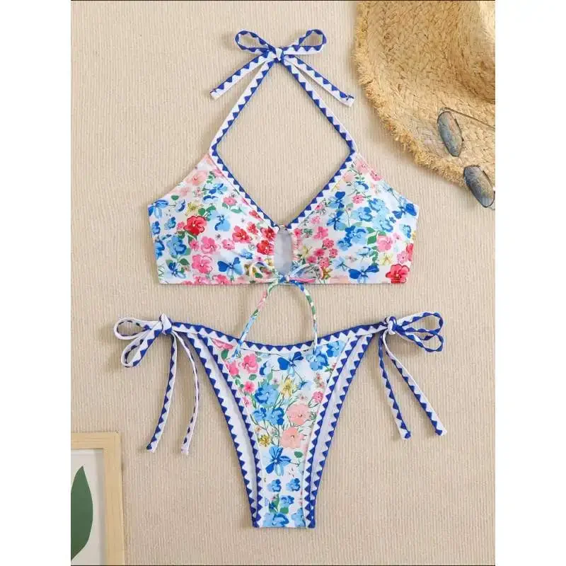 

Women Floral Print Bikini Halter Bandage Brazilian Swimwear Set Beachwear Sexy Push-Up Swimsuit Swimwears Lace-up Bathing Suits