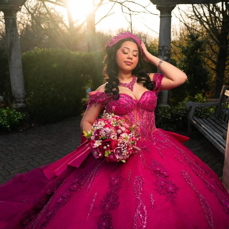 

Shiny Rose Pink Quinceanera Dress off-shoulder Glitter Crystal 3D Flower Decal Long tail Bow vestidos de 15 Quinceanera ﻿Customi