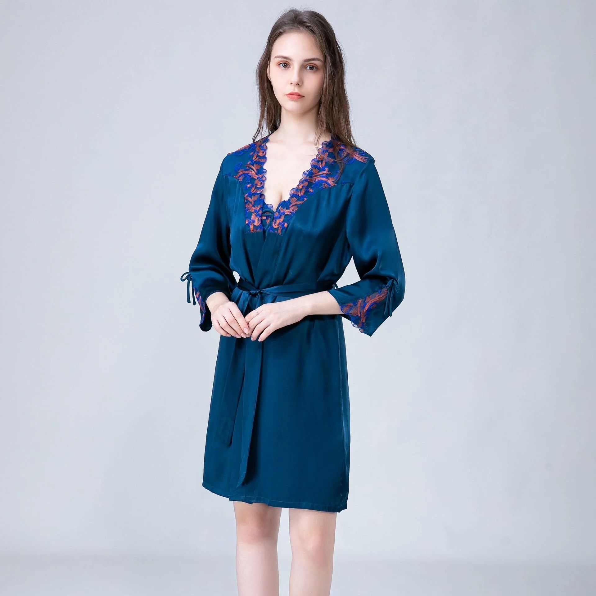 Birdtree, 16MM 100% Real Silk Robe Nightdress Set, Home Suit Lace Nightgown, Women's Sexy Elegant Nightwear, 2026 New P63122JF