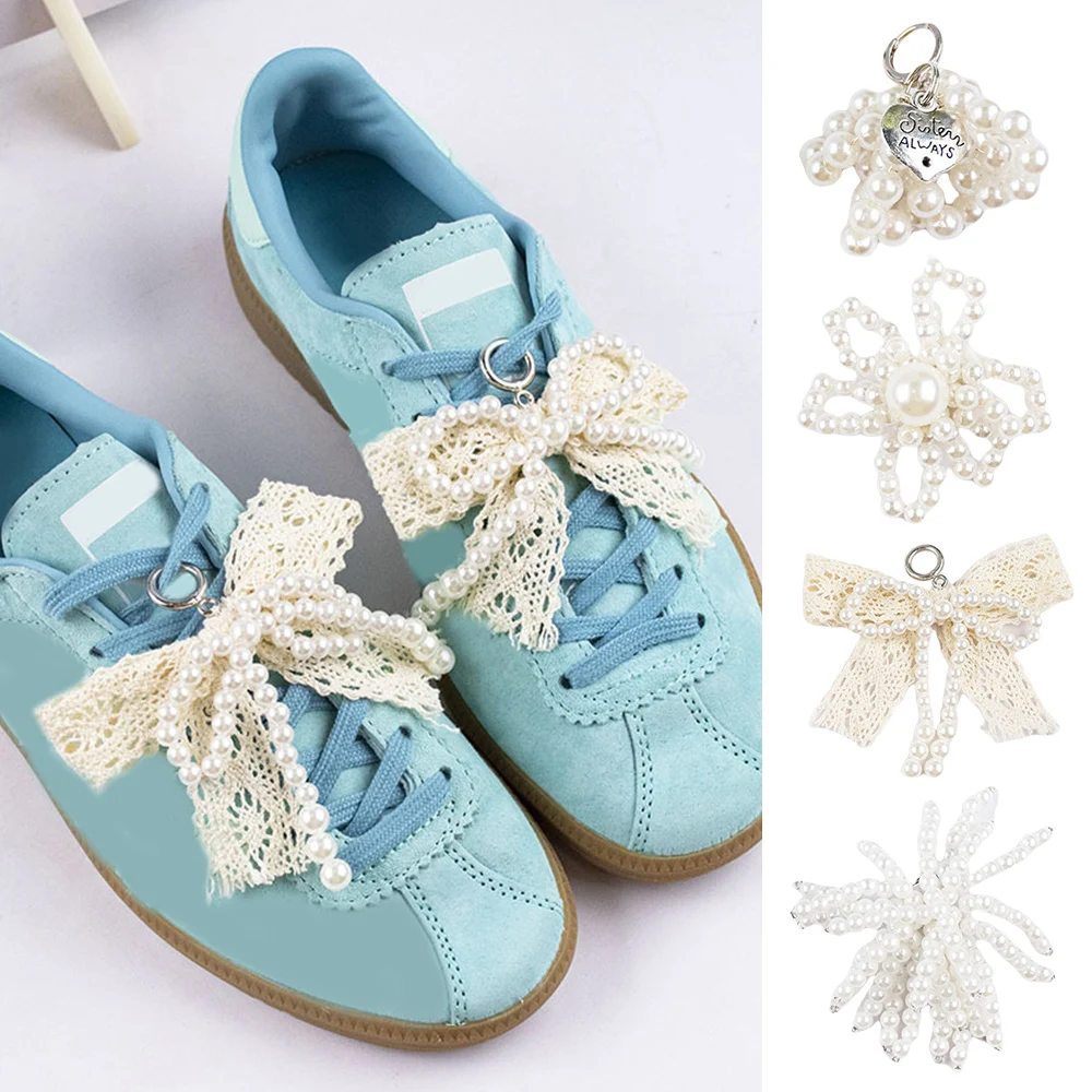 1 Pair Beautiful Bowknot Charm With Imitation Pearl Beaded Shoe Buckle Ornament DIYs Keychain Phone Chain Jewelry Making Supply