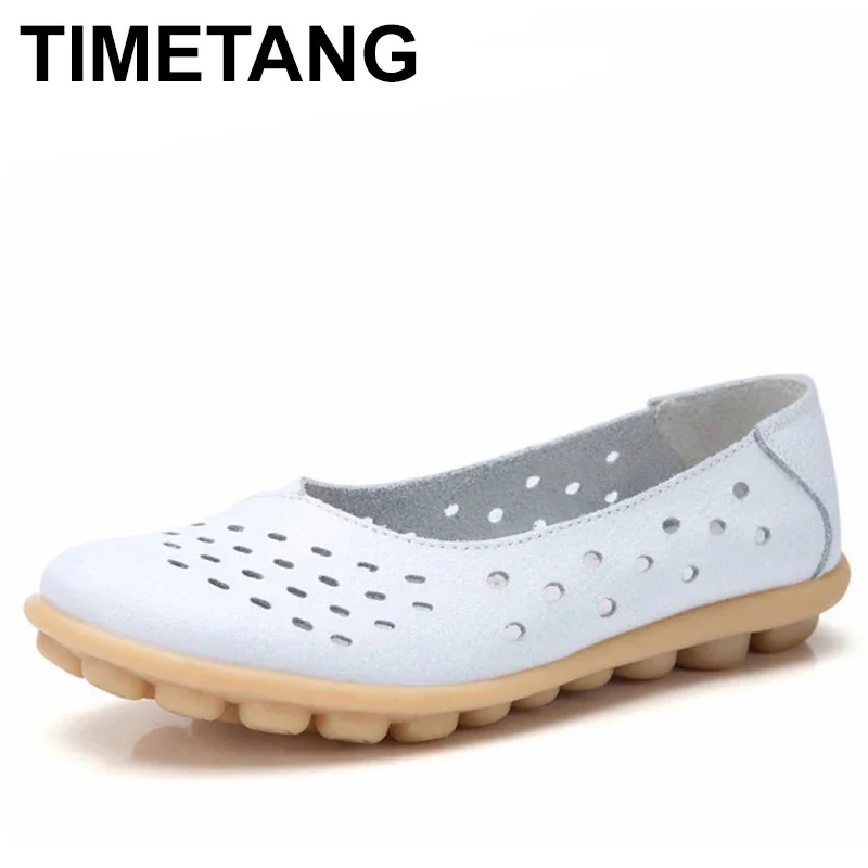 Timetang-zapatos planos de piel auténtica para mujer, mocasines con agujeros, color liso, de gran Size35-44E701, para verano