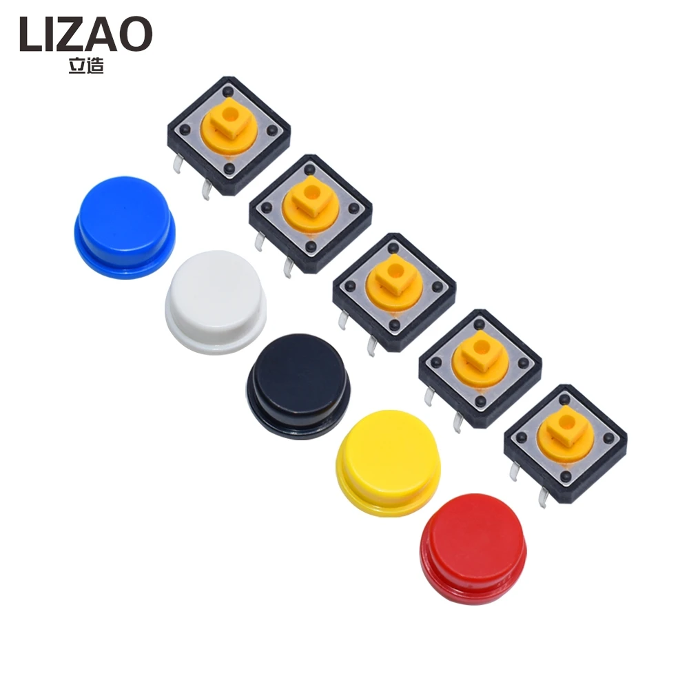25PCS Tactile Push Button Switch Kit, 12×12×7.3mm Momentary Micro Switches with 5-Color Caps for Arduino Projects