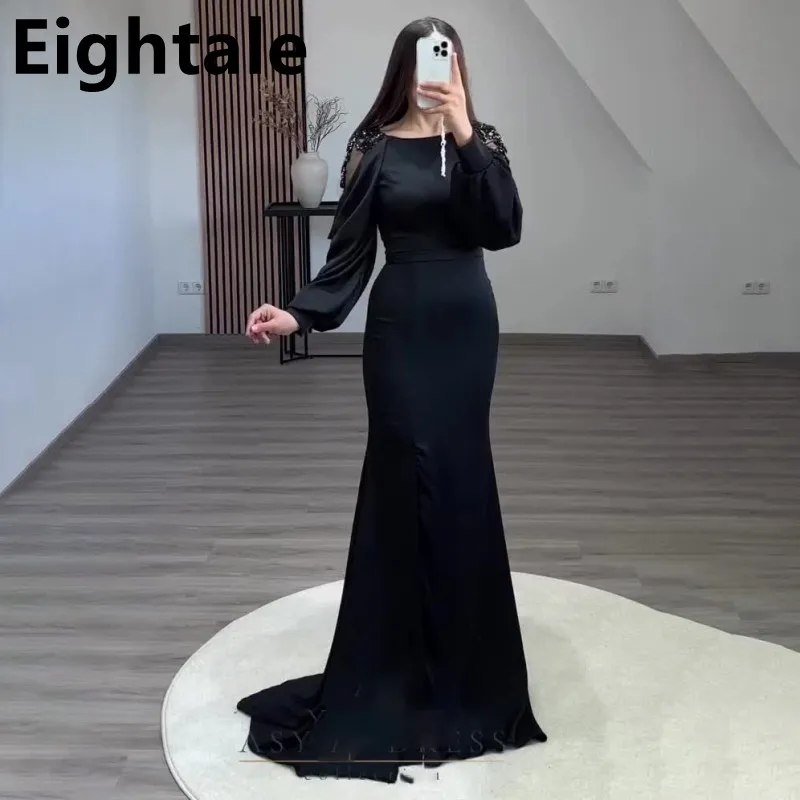 

Eightale Customized Black Chiffon Mermaid Evening Dress Long Puff Sleeves Sexy Slit Plus Size Arabic Formal Prom Party Gown