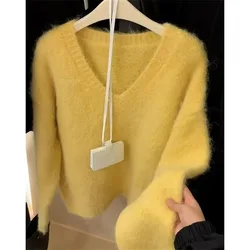 Yellow Soft Wool Cashmere Sweater Women Causal V-Neck Womens Knit Pullover Autumn Winter Loose Woman Knitwear