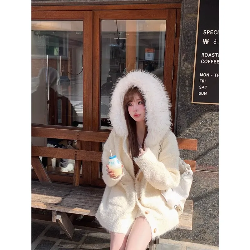 

Retro Wear Jacquard Sweater Womens Hooded Hairy Collar Drawstring Jacket Autumn Winter Fashion