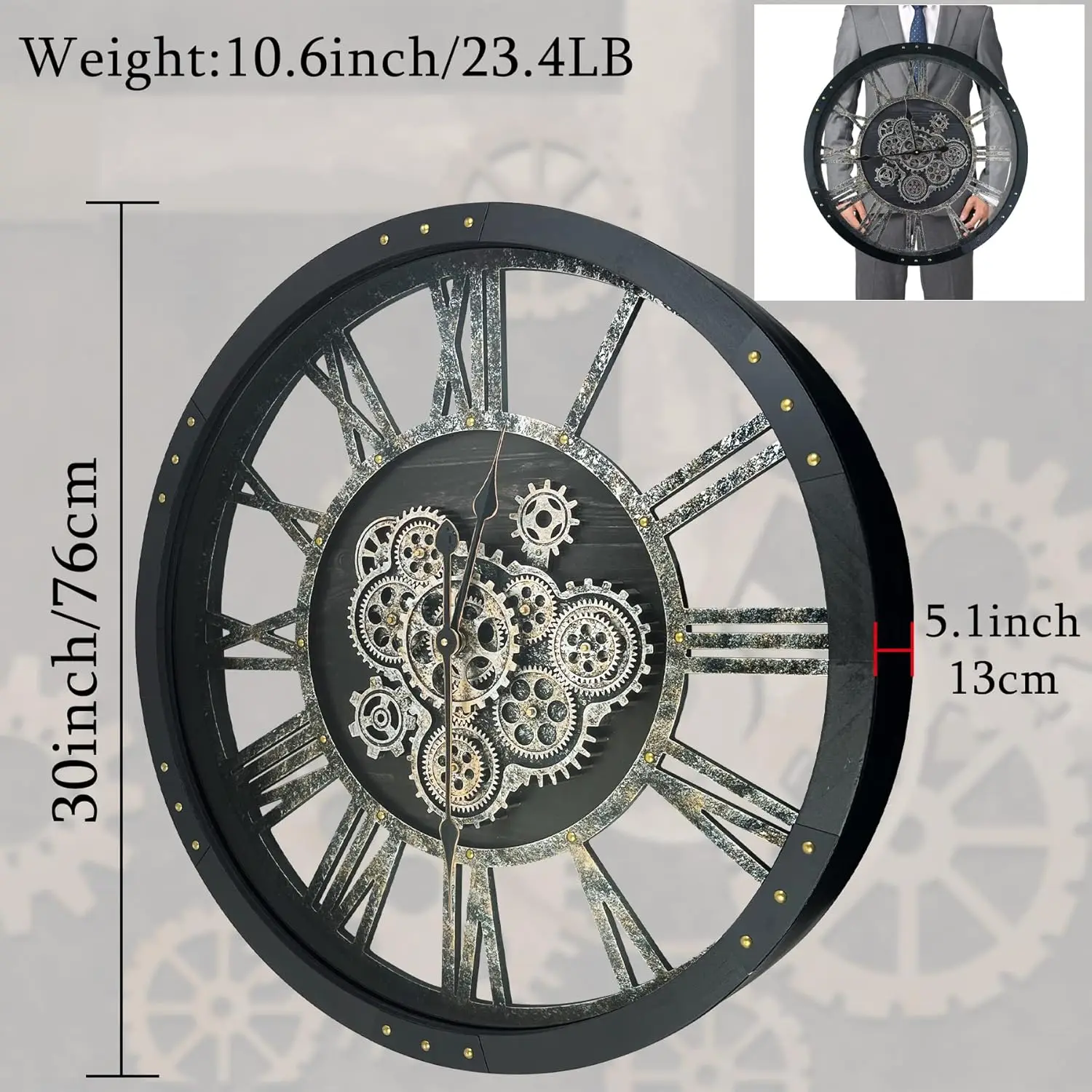 30 Inch Steampunk Wall Clock, Oversized Solid Wood Frame, Battery Operated, Large Wall Clock with Real Rotating Gears