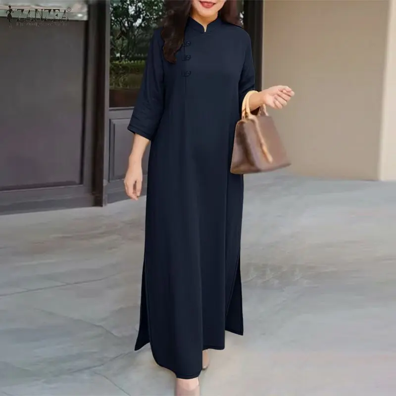 Vestido largo vintage de estilo chino para mujer, cuello mandarín, mangas 3/4, color sólido, vestidos maxi sueltos, vestidos ZANZEA con abertura lateral para mujer