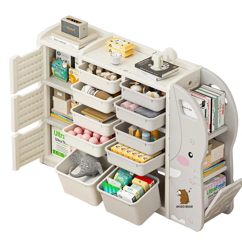 

Multi-Functional Bookshelf Toy Box Closed Cabinets and Pull-Out Drawer Kids Organizer for Children's Playroom Nursery